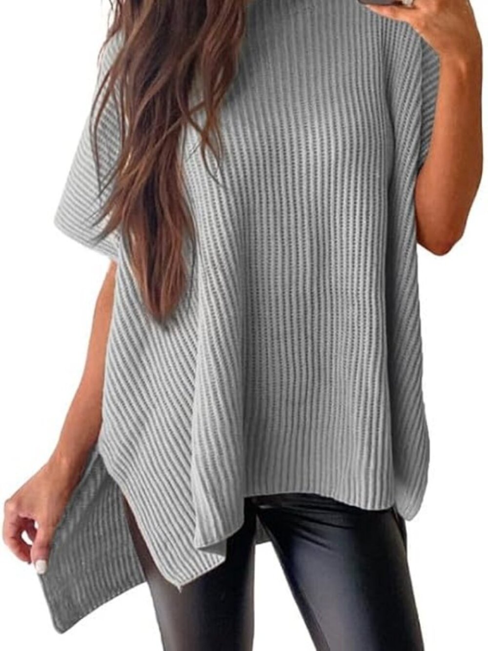 Women's Grey Crewneck Short Sleeve Sweater Causal Tunic Lightweight Stylish Tops